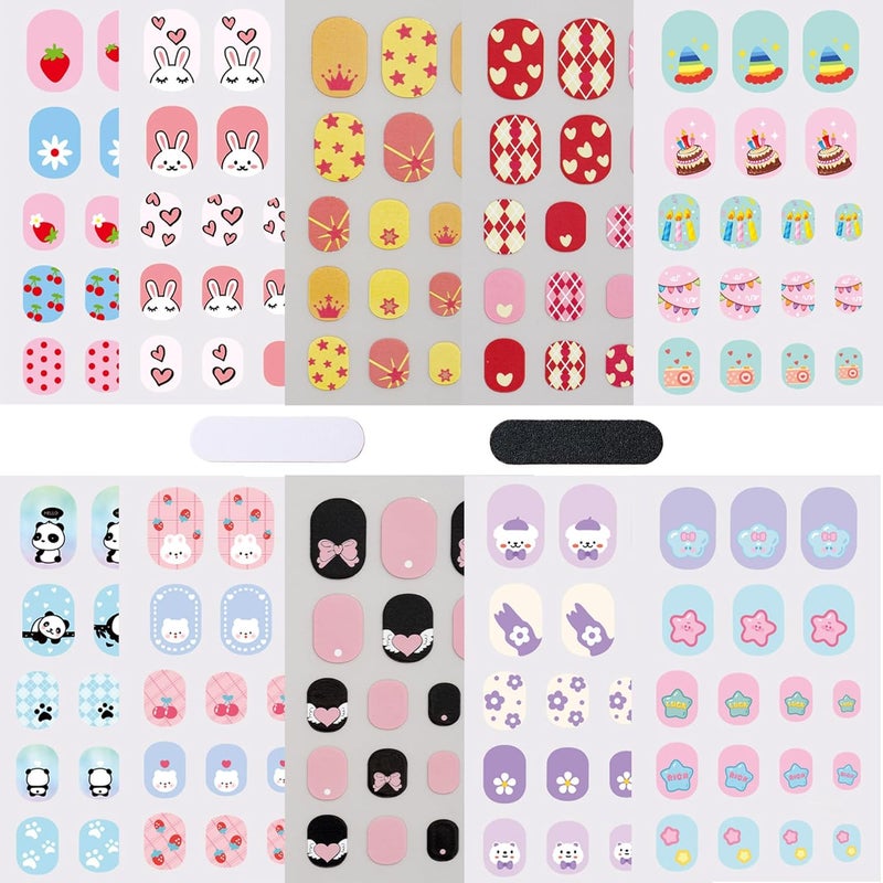 Colorful Kid Nail Stickers Full Nail Wraps for Kids Girls Self Adhesive Nail Strips for Nail Art Decoration Fun Including Animals Star Heart Fruit Party for Age 8 and Older (10 Sheets)